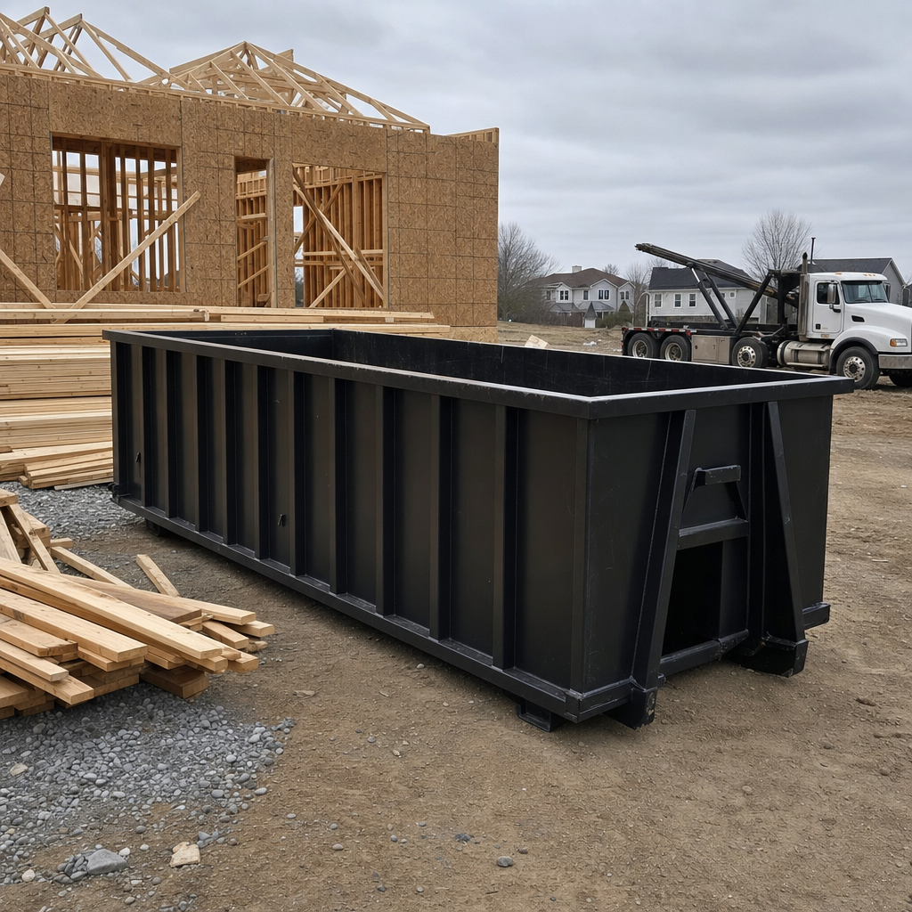 Matte-black 40-yard roll-off dumpster staged on a framed-out residential construction site in Irving, framing lumber stacked nearby, hooklift delivery truck visible in the background under bright Colorado daylight