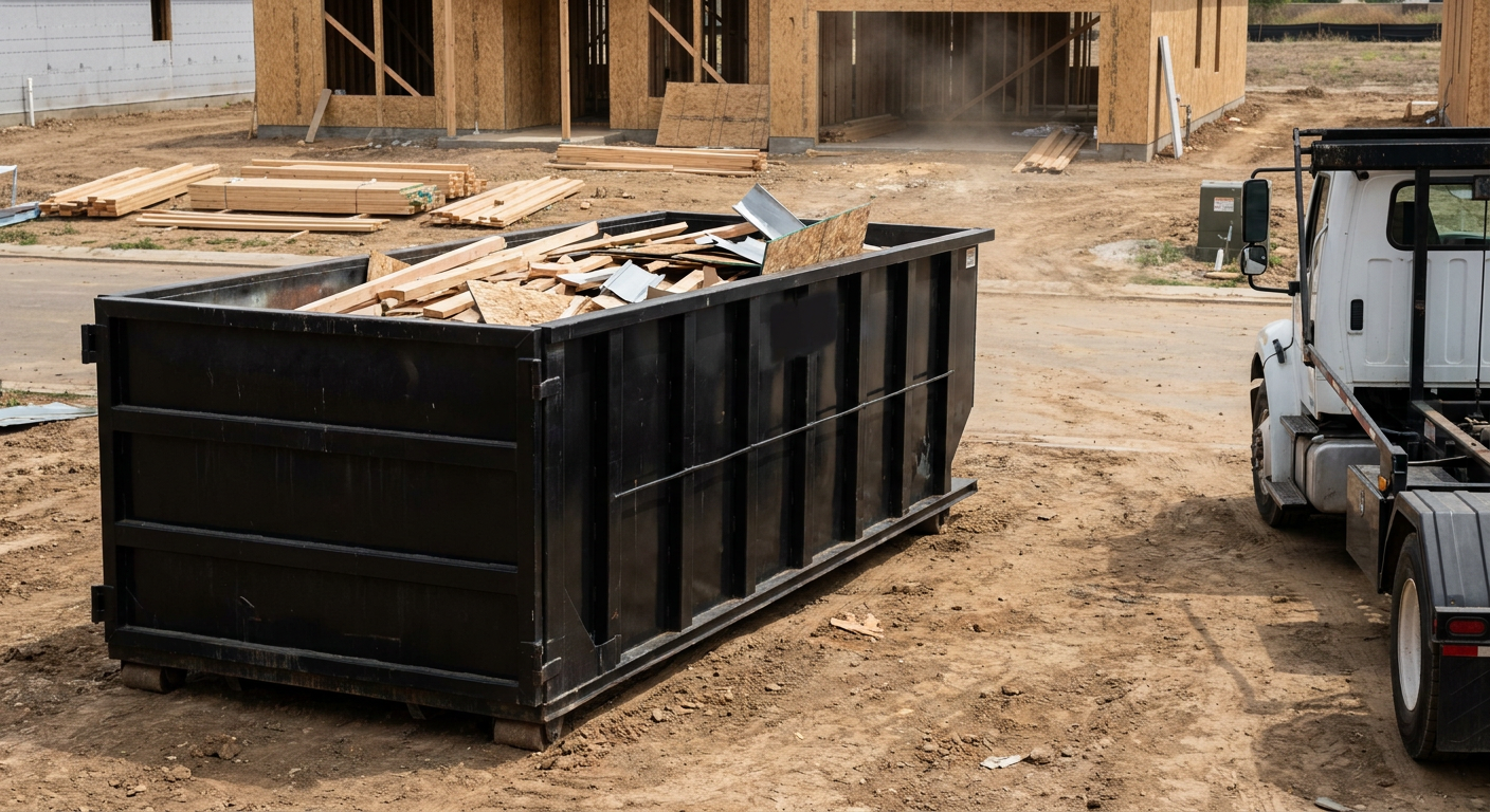 Matte-black 20-yard roll-off construction dumpster with heavy ribbed steel sidewalls and swing rear doors at a working jobsite in Irving, sitting directly on compacted dirt with an unmarked white hauler partially visible at the far edge of the frame.