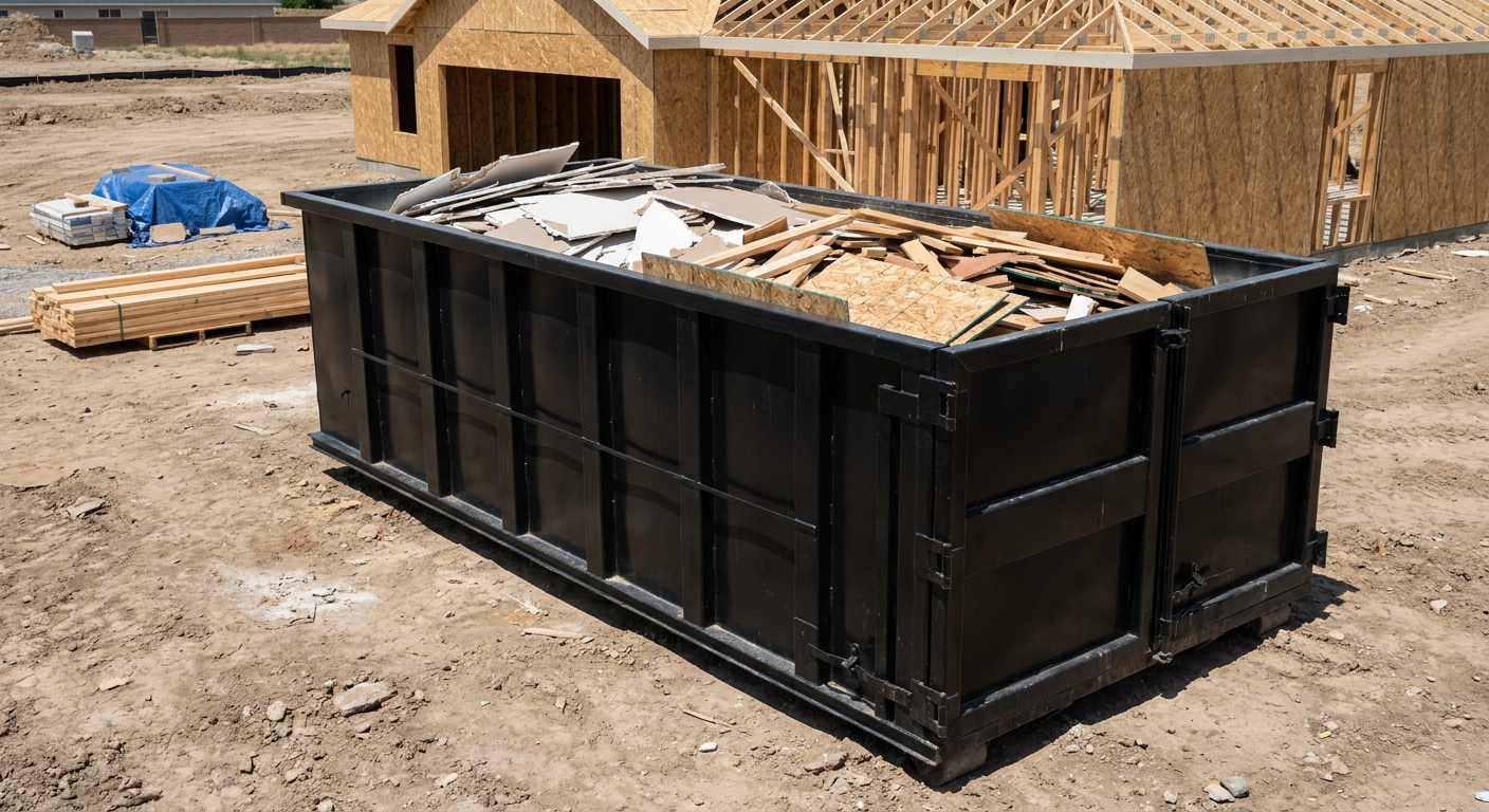 Matte-black 30-yard roll-off construction dumpster sitting directly on the compacted-dirt site of a framed single-family home build in Irving, drywall and lumber scrap loaded inside.