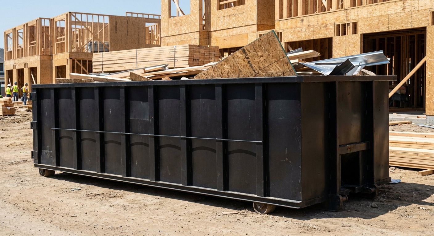 Matte-black 40-yard roll-off construction dumpster being lowered from a white-cab hooklift delivery truck onto the compacted-dirt jobsite at a commercial build site in Irving