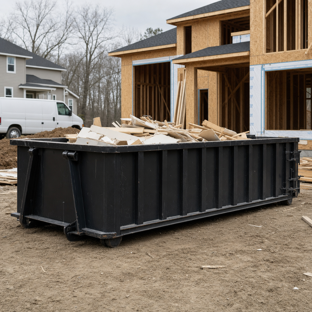 Worker in a yellow high-visibility vest tossing framing lumber and broken drywall into a matte-black 30-yard construction roll-off dumpster on an active build site in Irving, bright daylight