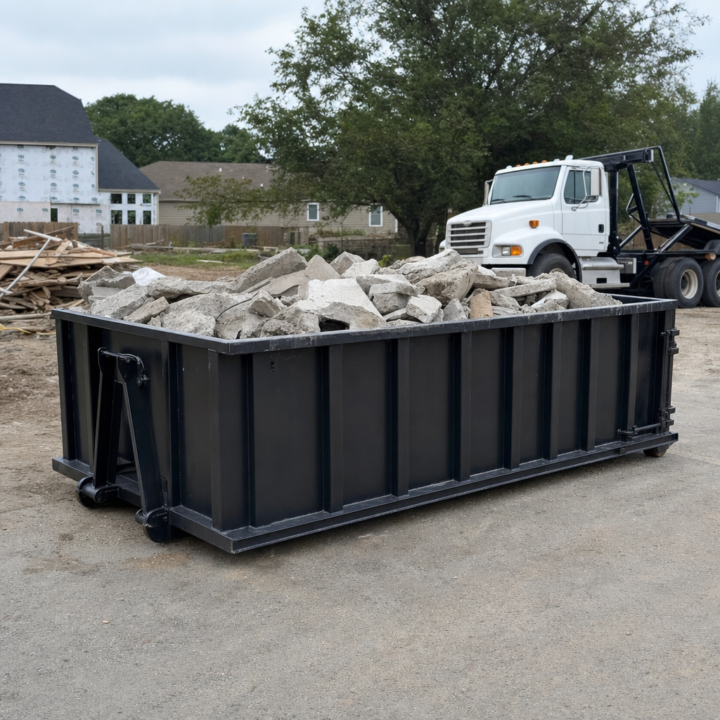 Low-profile matte-black lowboy roll-off dumpster loaded with broken concrete slab and rebar at a foundation tear-out in Irving, skid steer parked beside it, sunny Colorado morning