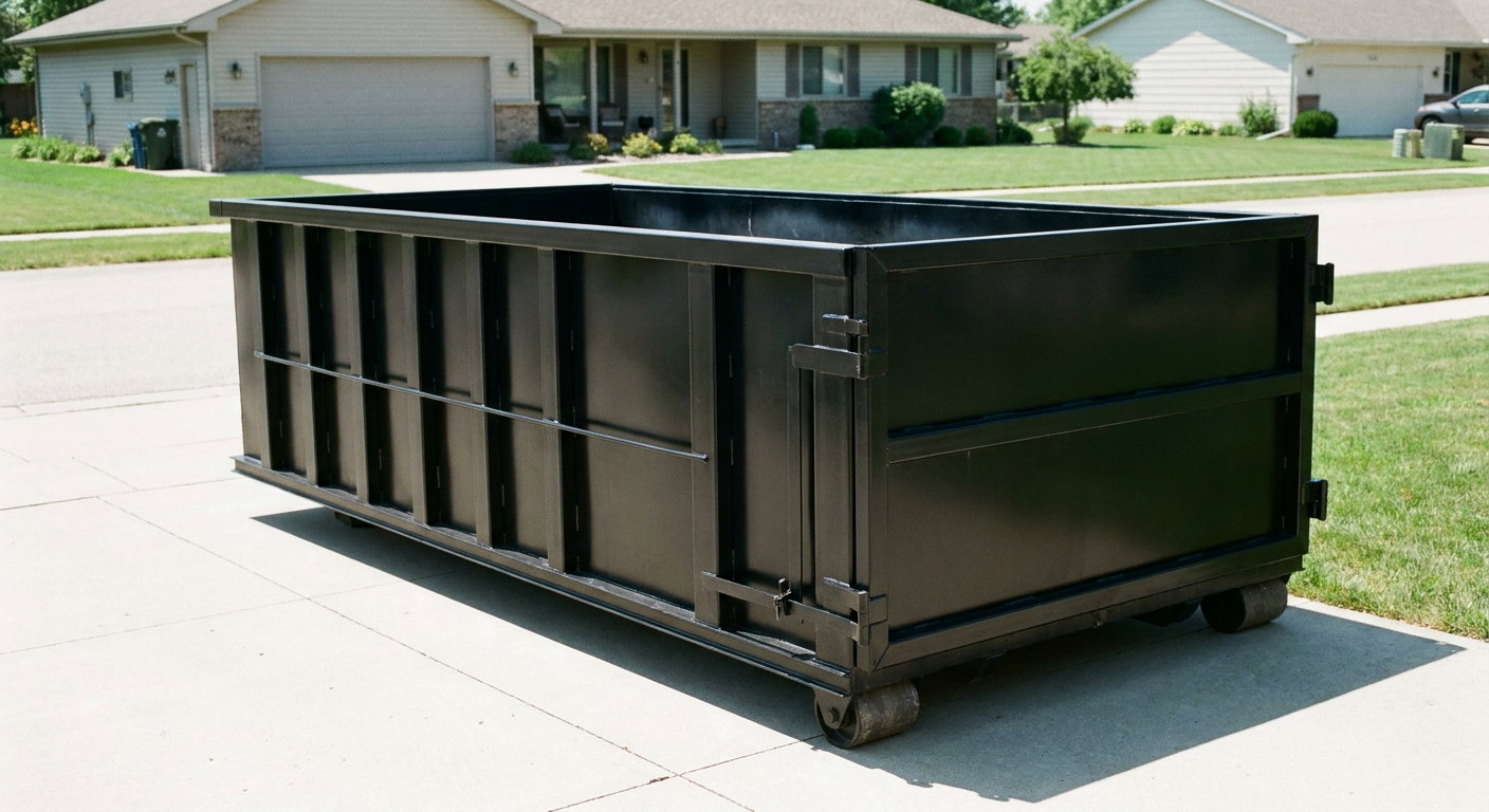 Matte-black 10-yard roll-off dumpster on a residential concrete driveway in Irving, uniformly painted matte black across every panel and rail, ribbed steel sidewalls and rear swing door visible, mid-day daylight.