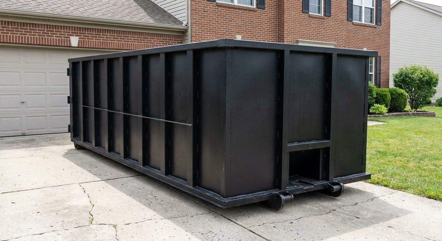 Matte-black 20-yard roll-off container on a Irving residential concrete driveway with reinforced ribbed steel sidewalls and a hinged rear walk-in door, clean bright daylight.