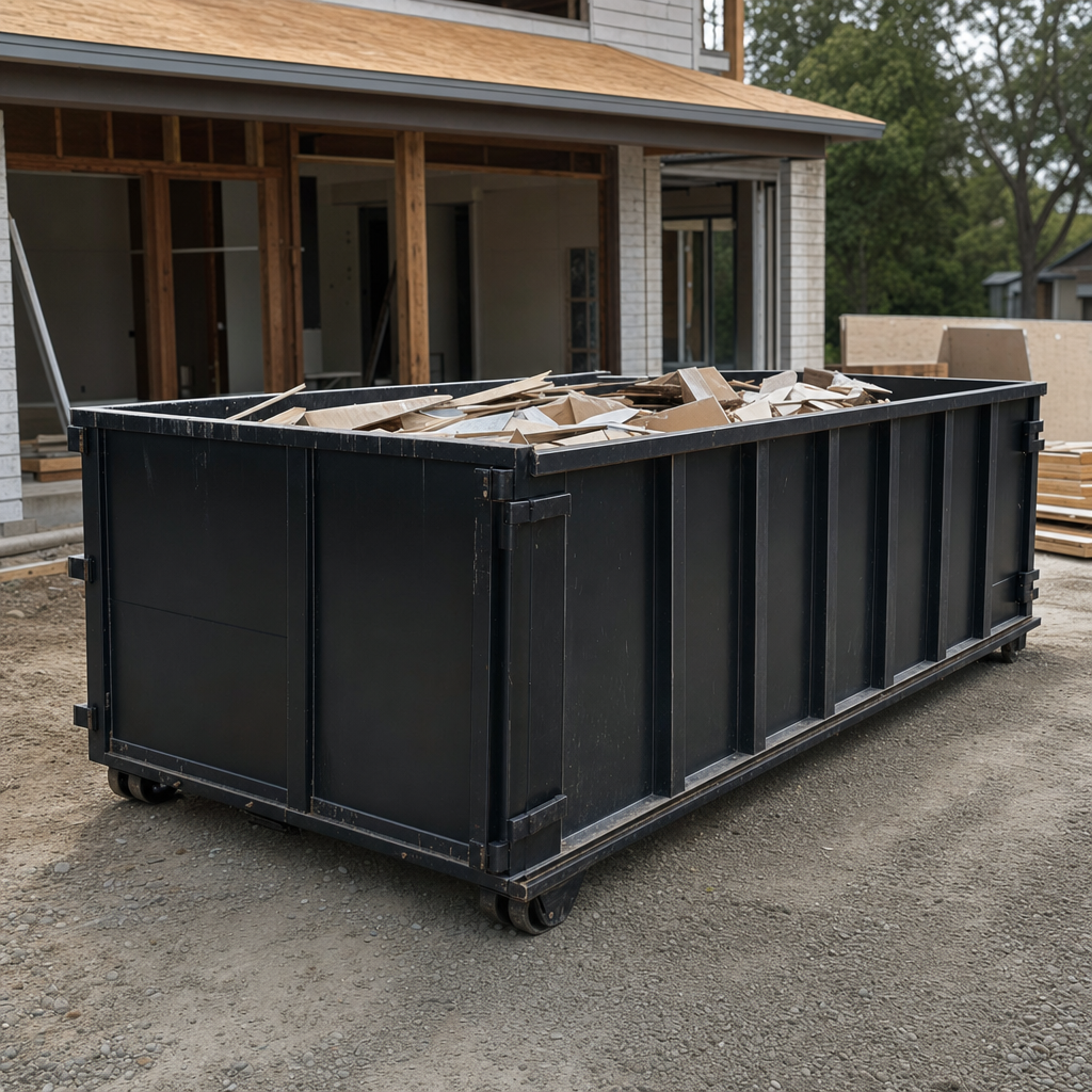 Large matte-black 30-yard construction roll-off dumpster at an active Irving jobsite, steel-gray top rails and bottom rollers visible, loaded with construction debris.