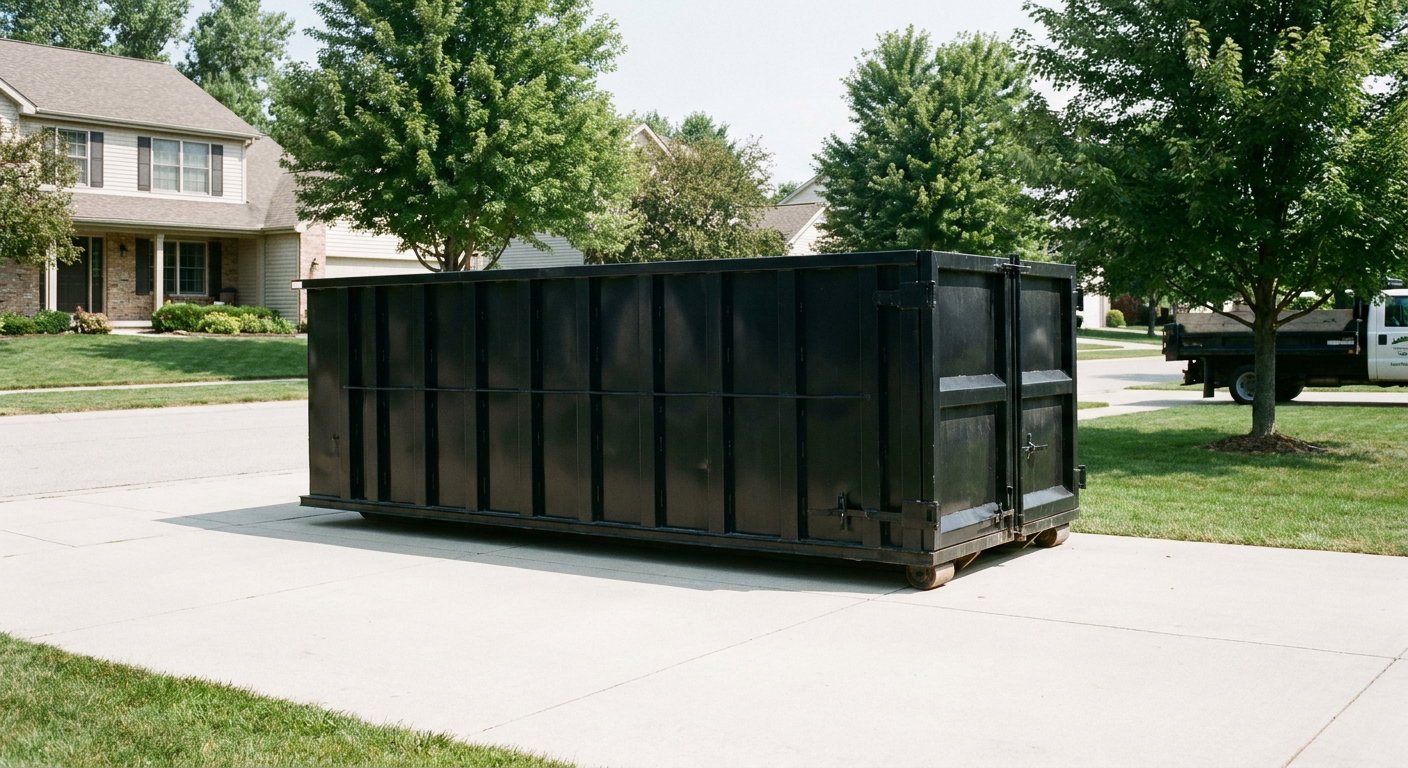 Matte-black 20-yard roll-off dumpster sitting level on a clean Irving residential concrete driveway under bright daylight, demonstrating clean placement directly on the concrete.