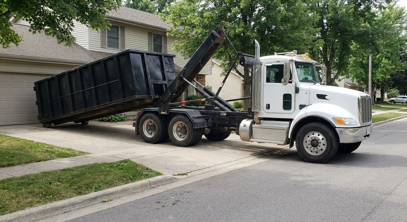 White-cab hooklift roll-off truck actively lowering a matte-black dumpster onto a Irving residential concrete driveway, the dumpster's rear wheels touching the driveway as the hoist arm tilts the bed forward, mid-morning daylight.