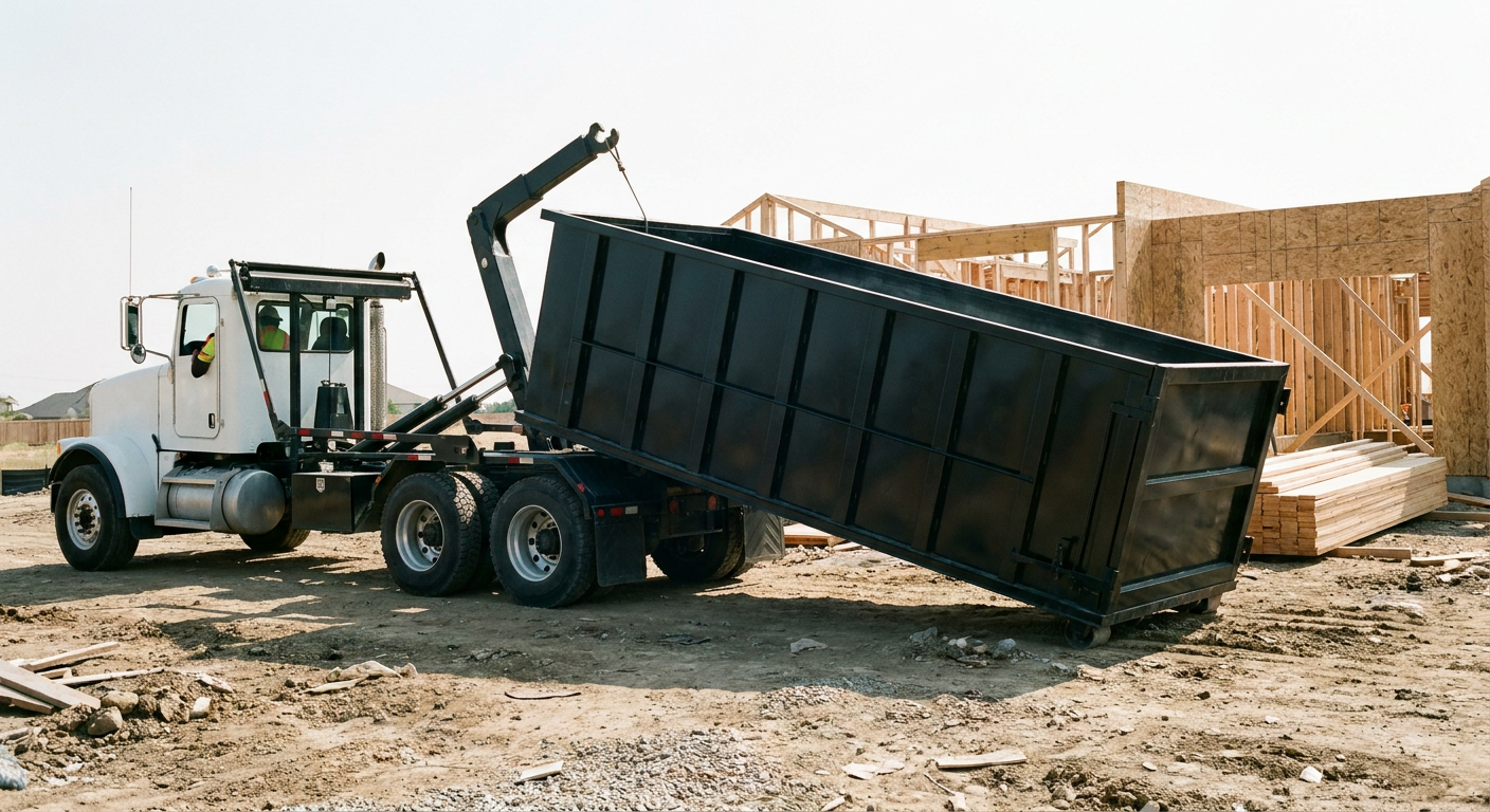 Matte-black roll-off dumpster being delivered onto a clean residential concrete driveway in Irving by an unmarked white hooklift hauler truck, bright morning daylight, documentary 35mm perspective.