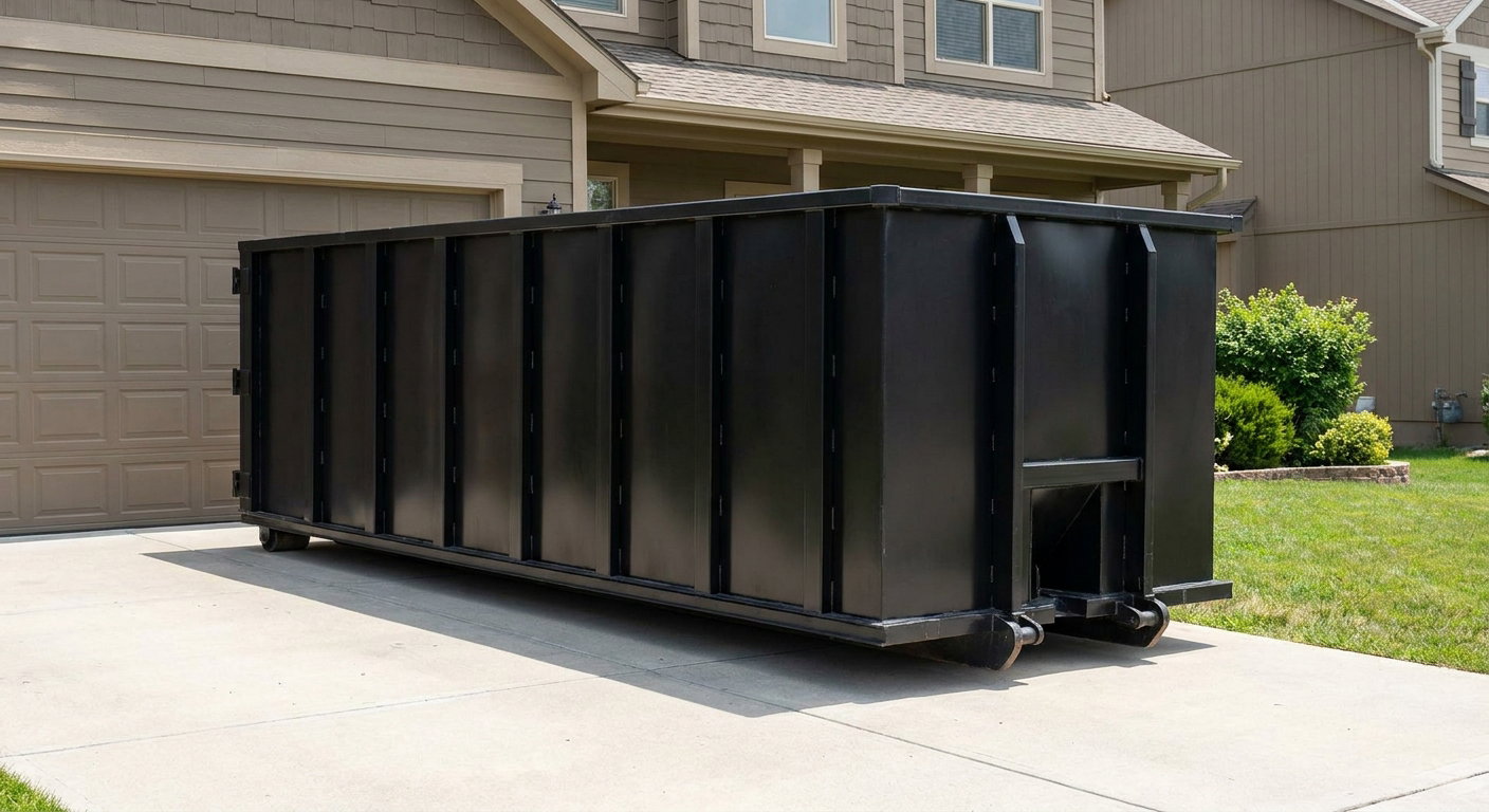Matte-black residential roll-off dumpster sitting directly on a suburban Irving concrete driveway, garage door closed, single-family home in background, bright morning daylight.