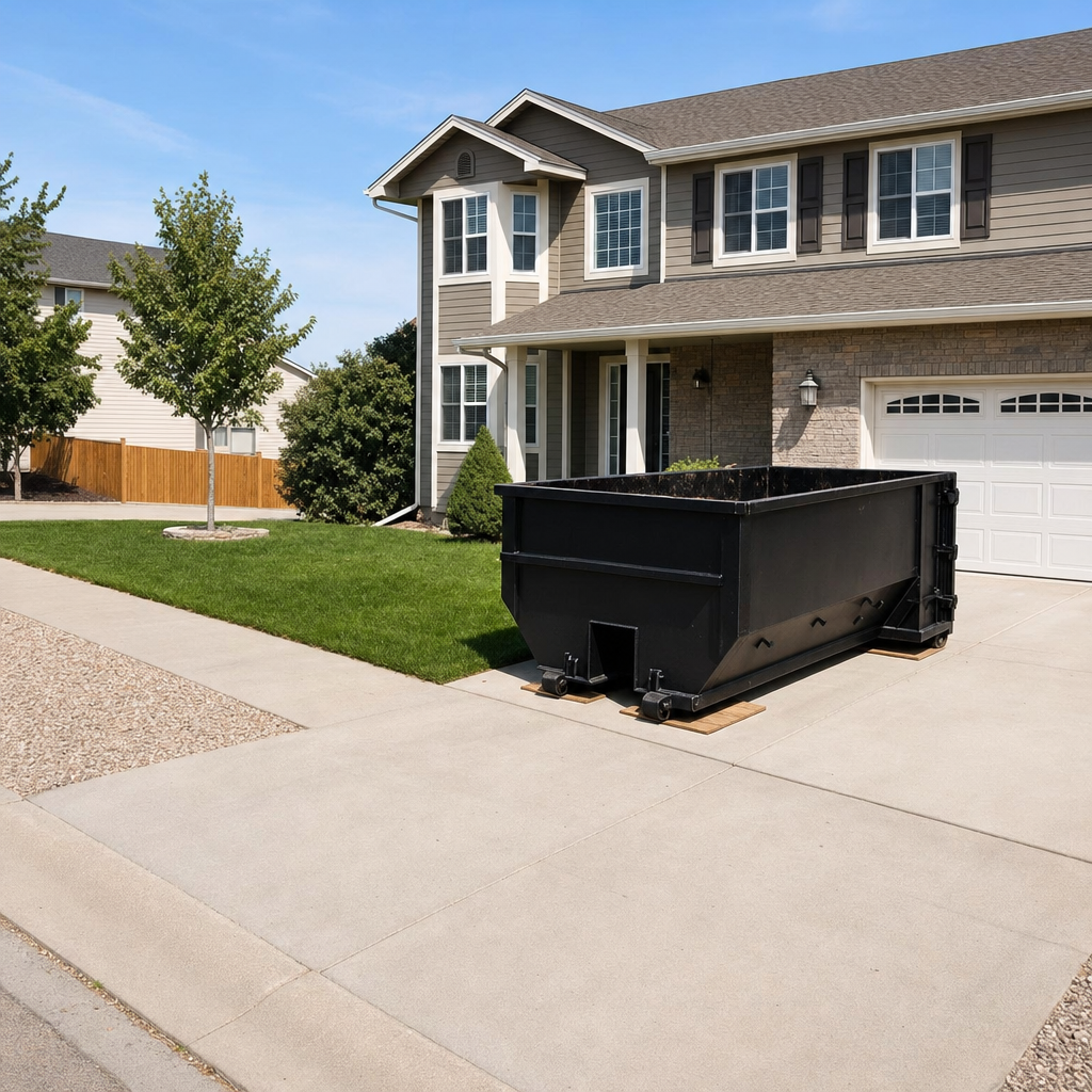 10-yard matte-black residential dumpster placed directly on a narrow Irving concrete driveway, room remains for a parked sedan beside it, mid-morning natural light