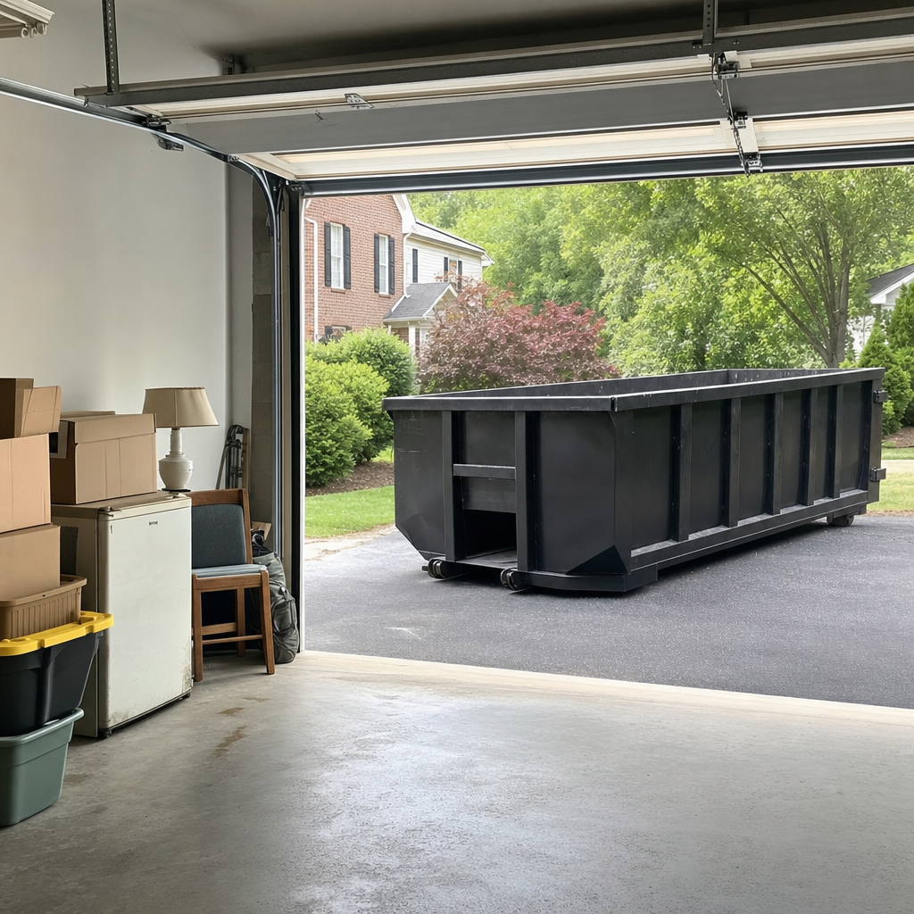 Open garage interior in a Irving home mid-cleanout — boxed items, an old appliance, and stacked yard tools queued near the driveway for a matte-black roll-off dumpster, organized and calm