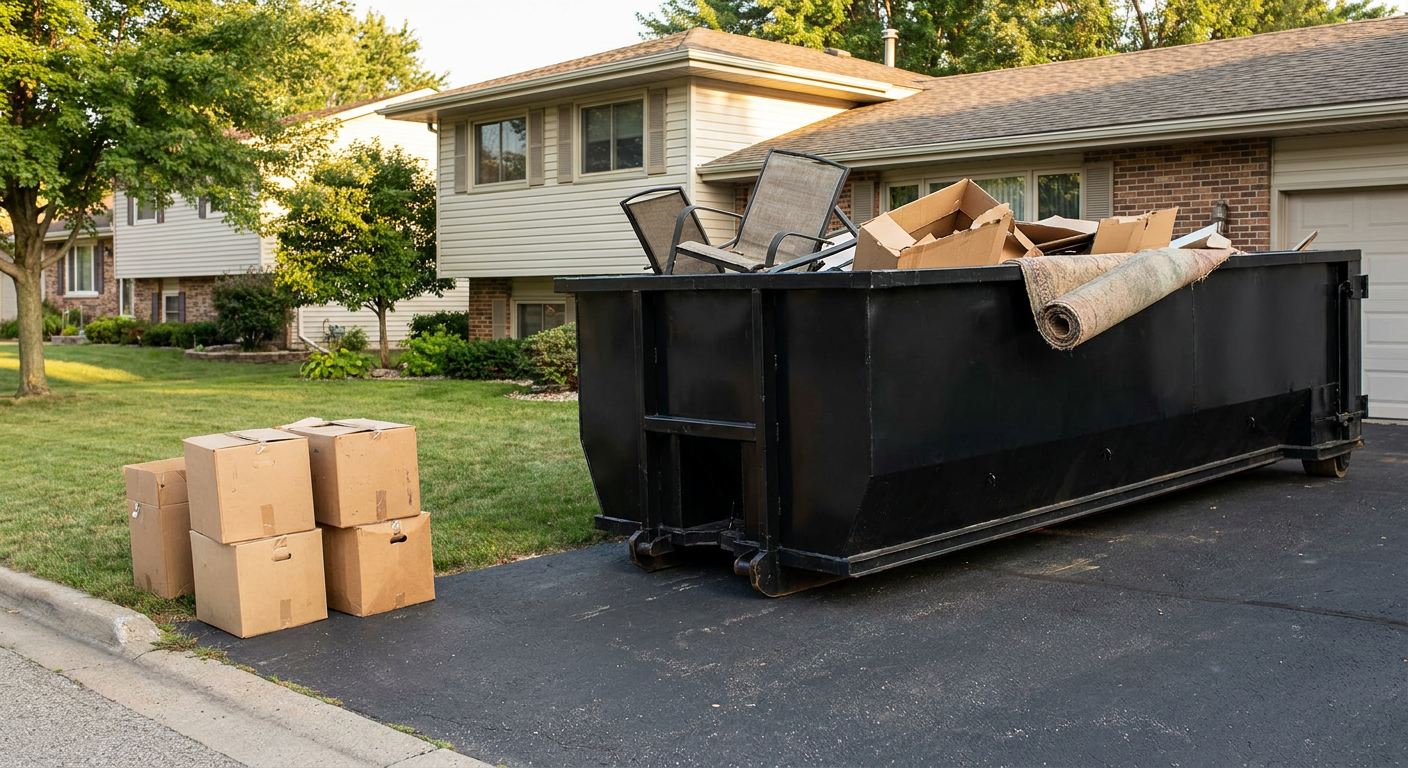 Front-yard view of a Irving split-level home with a 20-yard matte-black roll-off dumpster sitting directly on the asphalt driveway, a few clearly labeled donation boxes staged at the curb, calm sunny afternoon.