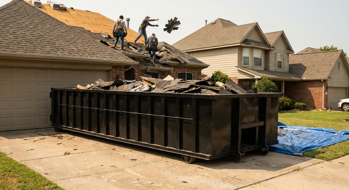 Matte-black roofing roll-off dumpster placed directly on a Irving residential concrete driveway, a tear-off crew on a two-story asphalt-shingle roof tossing shingle bundles into the low-walled container, bright daylight, documentary 35mm perspective.