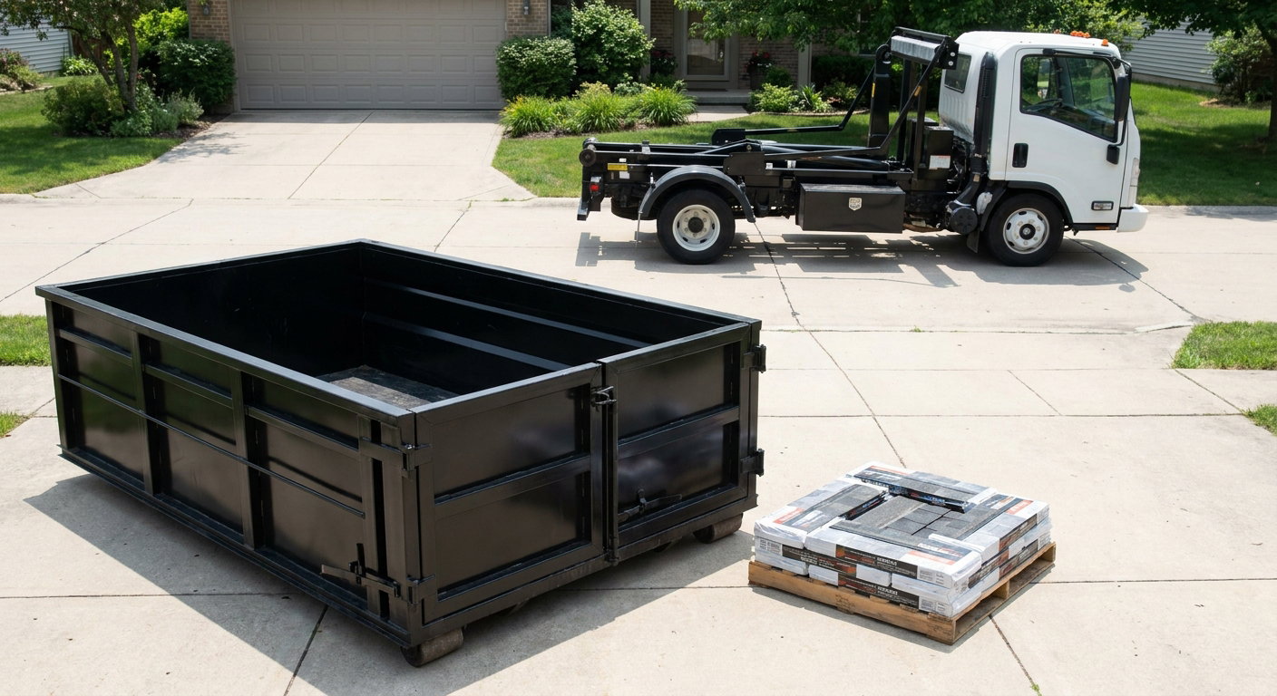Matte-black 15-yard roofing roll-off dumpster with reinforced low side walls sitting directly on a Irving residential concrete driveway, three-tab asphalt shingle bundles stacked nearby, an unmarked white hauler truck partially visible at the edge of the frame.