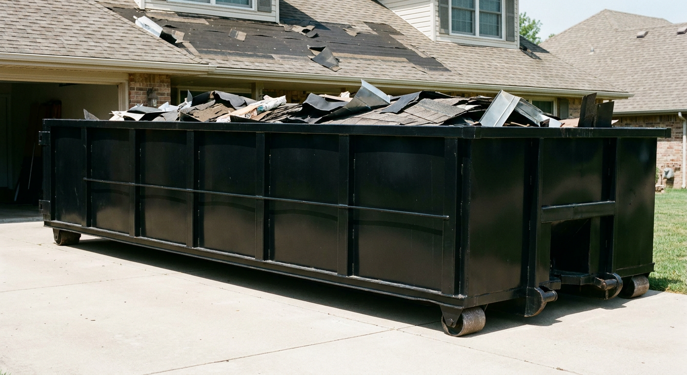 Matte-black 20-yard roofing roll-off dumpster with steel ribbed sides and swinging rear door, sitting directly on the concrete driveway of a two-story Irving home, asphalt shingle debris being loaded over the low wall, clean documentary lighting.