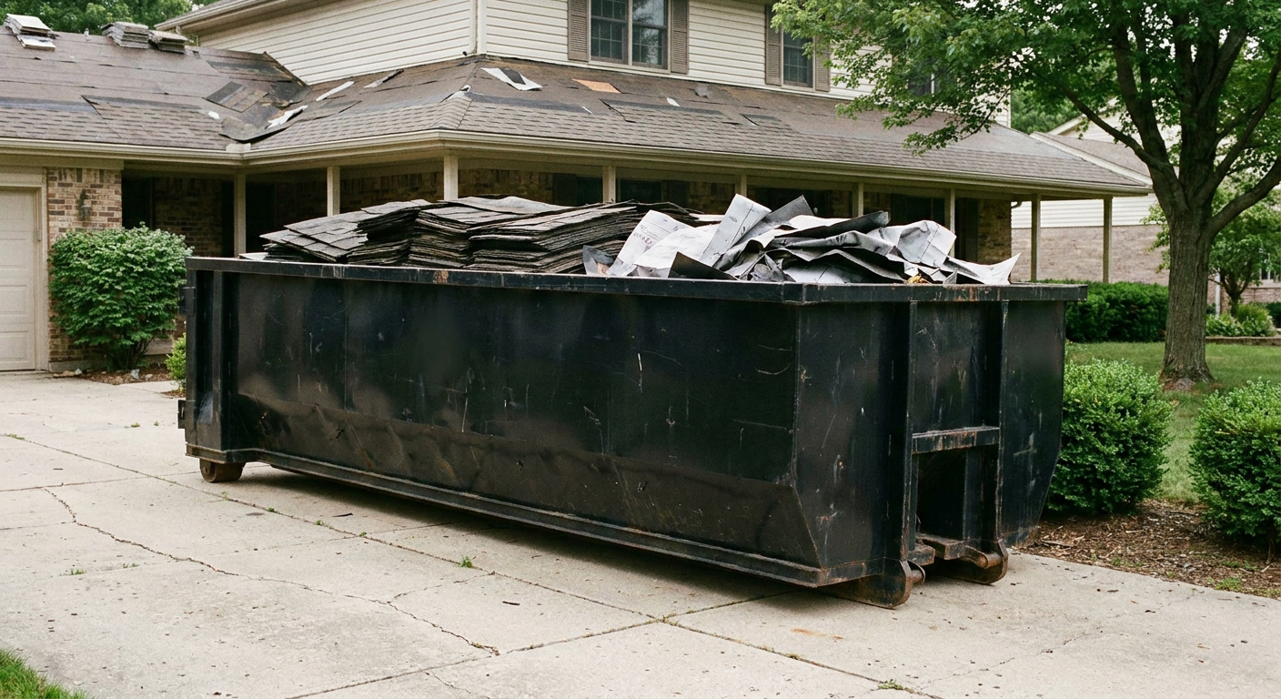 Matte-black 30-yard roofing roll-off dumpster sitting directly on a Irving concrete driveway, taller ribbed steel side panels, mixed tear-off debris of asphalt shingles and underlayment inside, professional documentary daylight.
