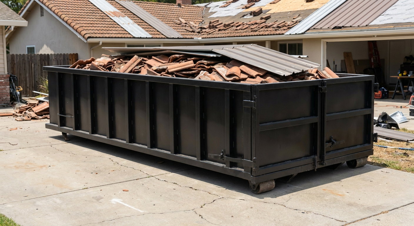 Matte-black low-wall heavy-debris roofing roll-off dumpster sitting directly on a Irving concrete driveway, broken concrete clay roof tiles and metal panel sections loaded inside, reinforced ribbed steel side walls visible, bright outdoor daylight.