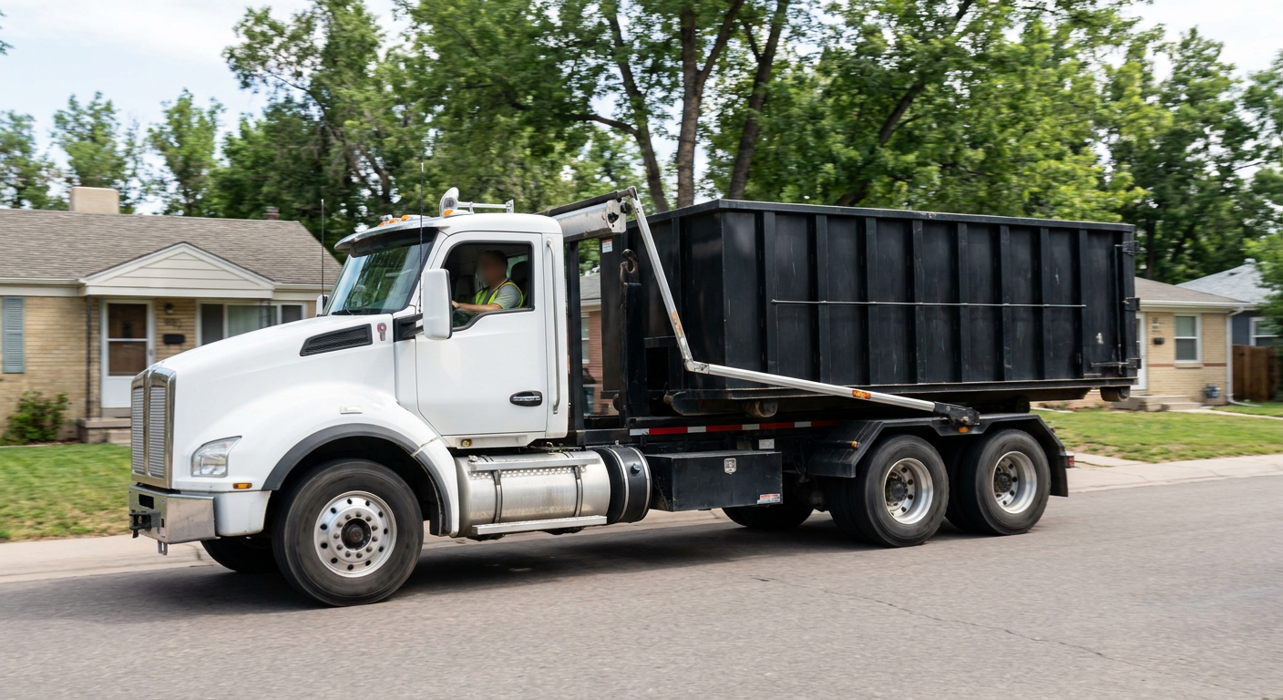 A wide documentary shot of a matte-black roll-off delivery truck pulling onto a quiet Irving residential street at mid-morning, with neighborhood rooftops and tree-lined blocks visible behind, showing the metro coverage footprint.
