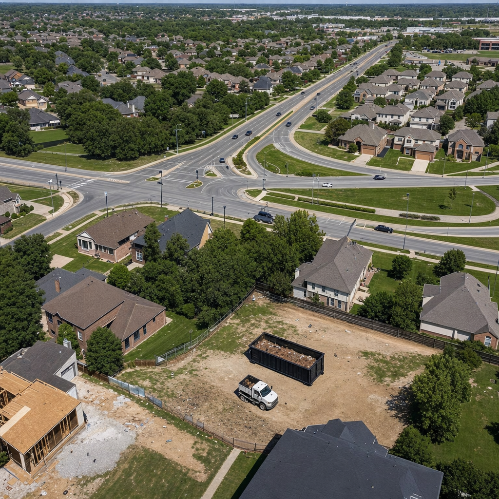 An overhead documentary view of the Irving metro area at midday, showing the spread of neighborhoods, arterial roads, and the dispatch radius from a central yard — clean daylight, organized geographic layout.