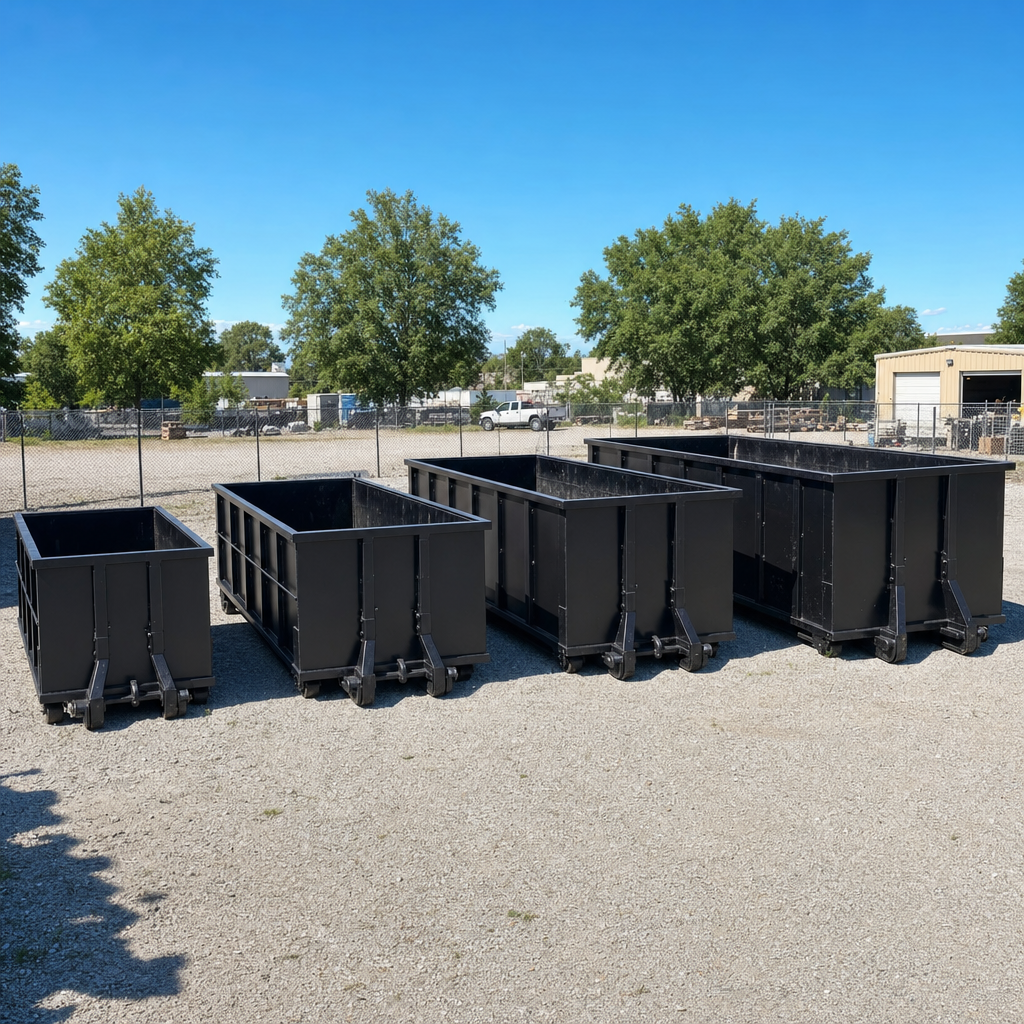 A clean lineup of matte-black roll-off dumpsters in 10, 20, 30, and 40-yard sizes staged on a sunlit gravel yard in Irving, showing the size progression from compact to commercial-scale containers.