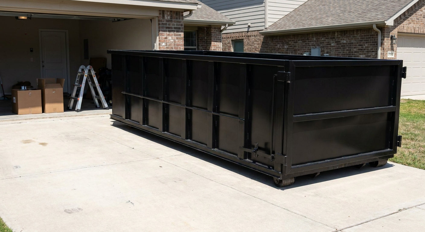 A matte-black 10-yard roll-off dumpster sitting directly on a residential Irving concrete driveway, mid-day sunlight, clean and ready for a garage cleanout.