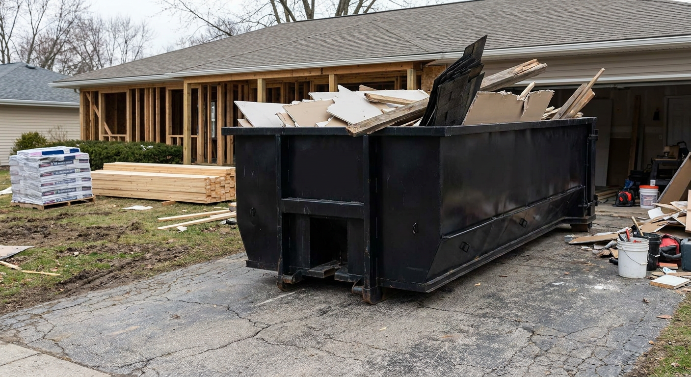 A matte-black 20-yard roll-off dumpster placed alongside a mid-renovation Irving home directly on the asphalt driveway, with framing materials and torn-off shingles staged neatly nearby.