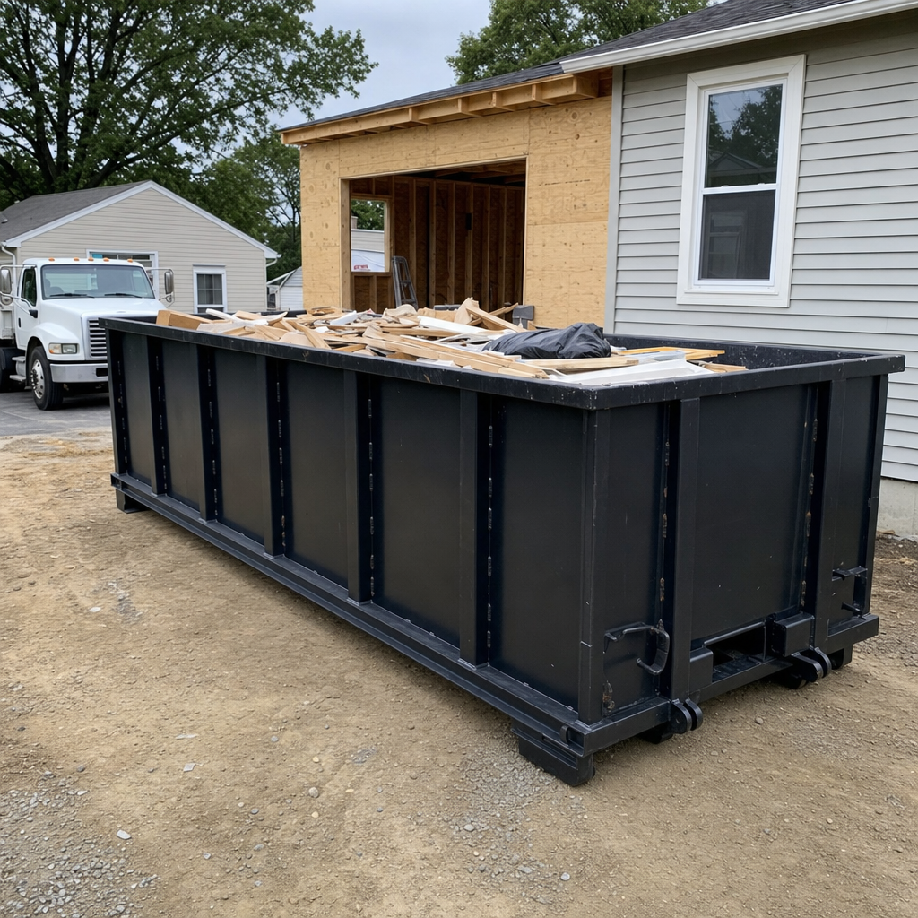 A matte-black 30-yard roll-off dumpster positioned at a Irving residential addition jobsite, with framing lumber and drywall scraps loaded through the open swinging rear doors.