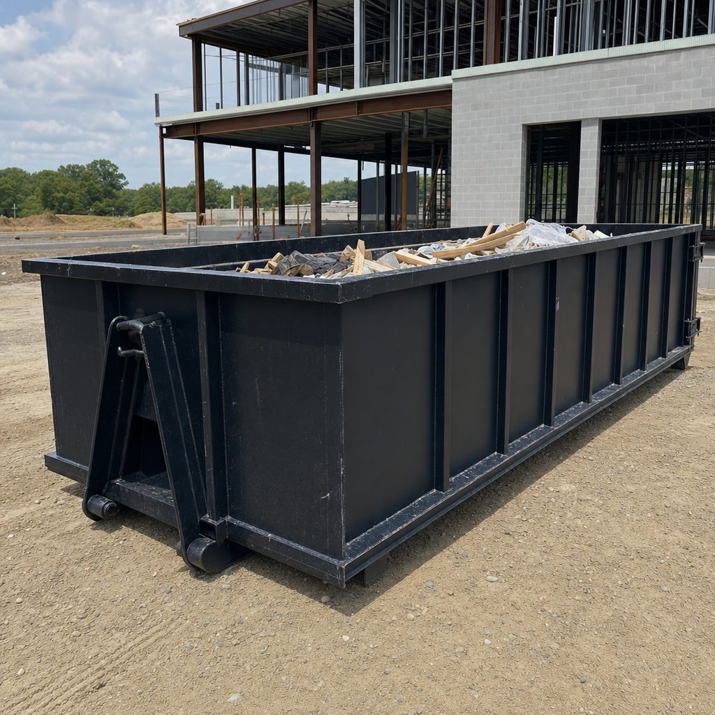 A matte-black 40-yard roll-off dumpster staged on a large Irving commercial construction lot, with a hooklift delivery truck parked alongside under bright midday sky.