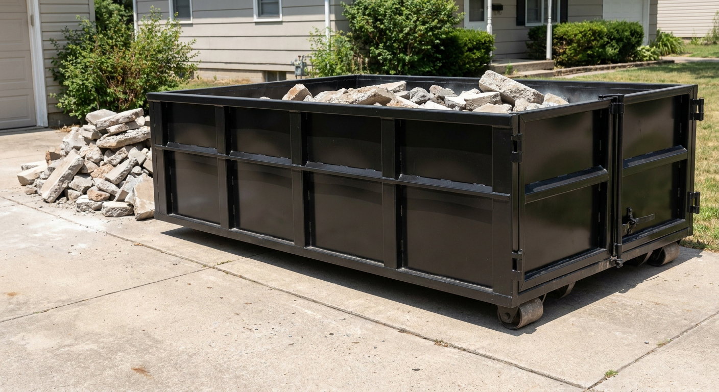A matte-black low-side heavy-debris roll-off dumpster placed directly on a Irving concrete driveway, with broken concrete chunks neatly stacked beside it under clean daylight.